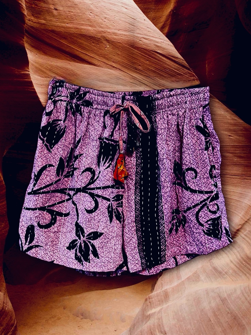 Artisan Hand Made Kantha Purple w/Black Floral Design & Drawstring Waist sz S/M